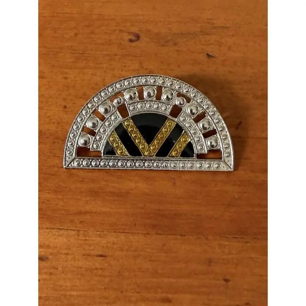 Art Deco Revival Style Half Circle Black Gold Enamel Brooch Pierre Bex Style